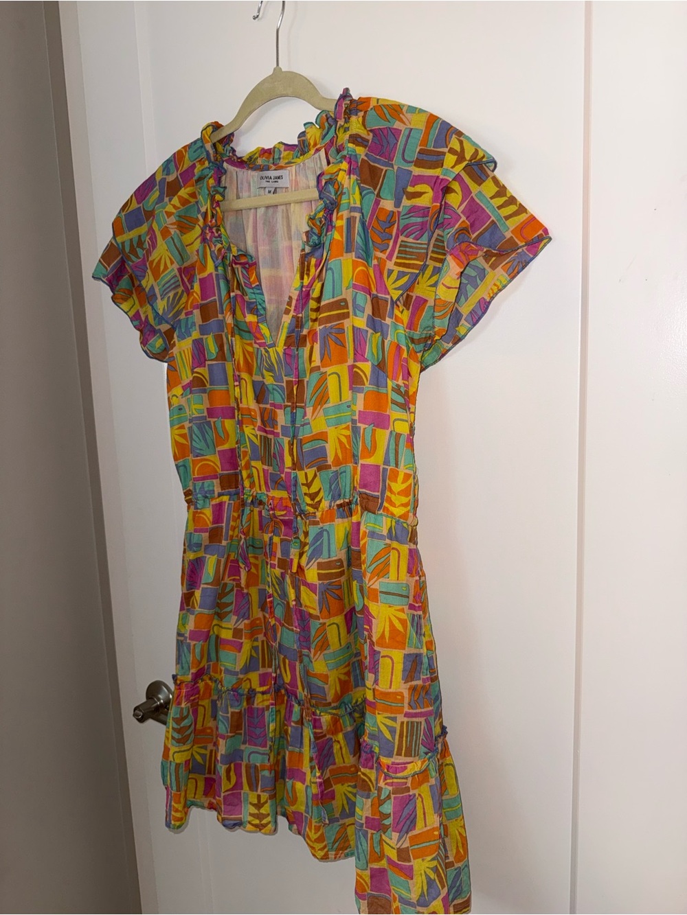 Olivia James the label Vibrant Multicolor Geometric Ruffle Mini Dress Size Medi